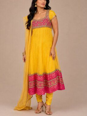 Yellow Pink Anarkali Churidar Suit floral beaded brocade haldi indian wedding